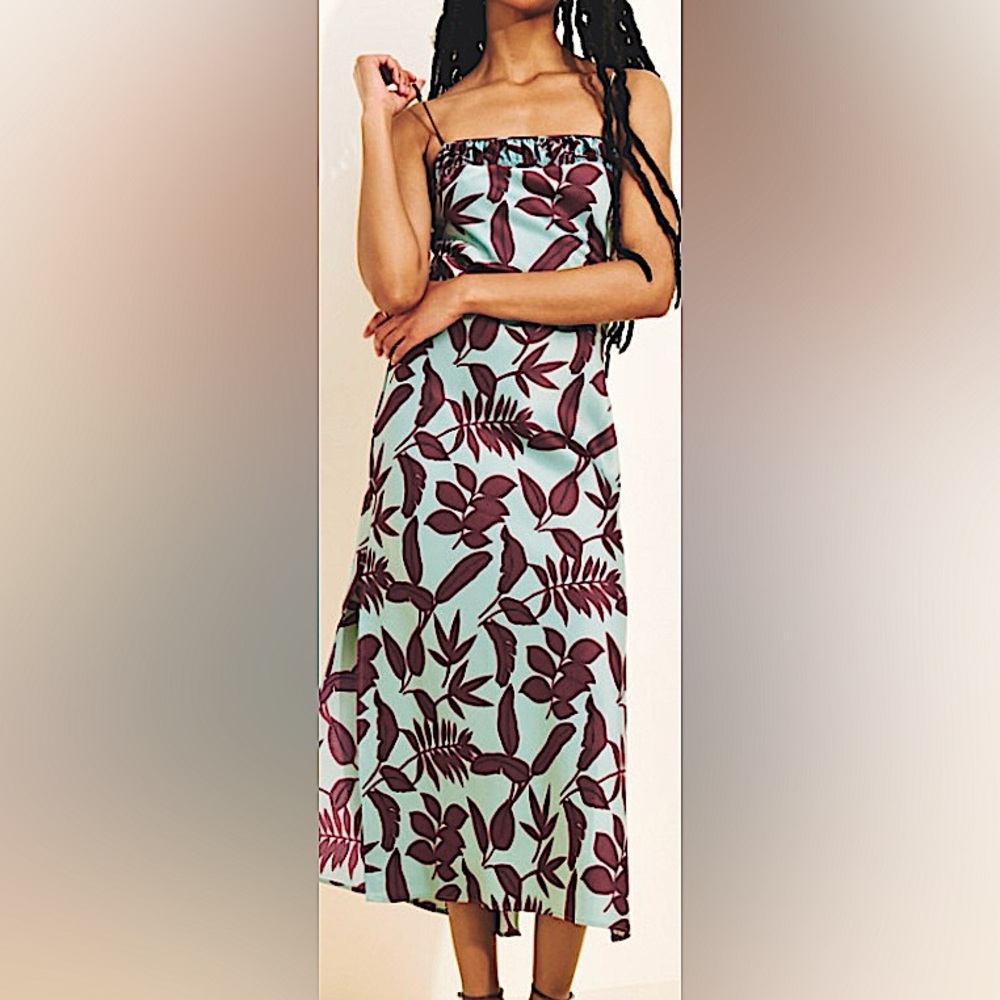 Anthropologie Light Teal & Deep Wine Print Midi Dress/Spaghetti Strap/P Small - Picture 3 of 8